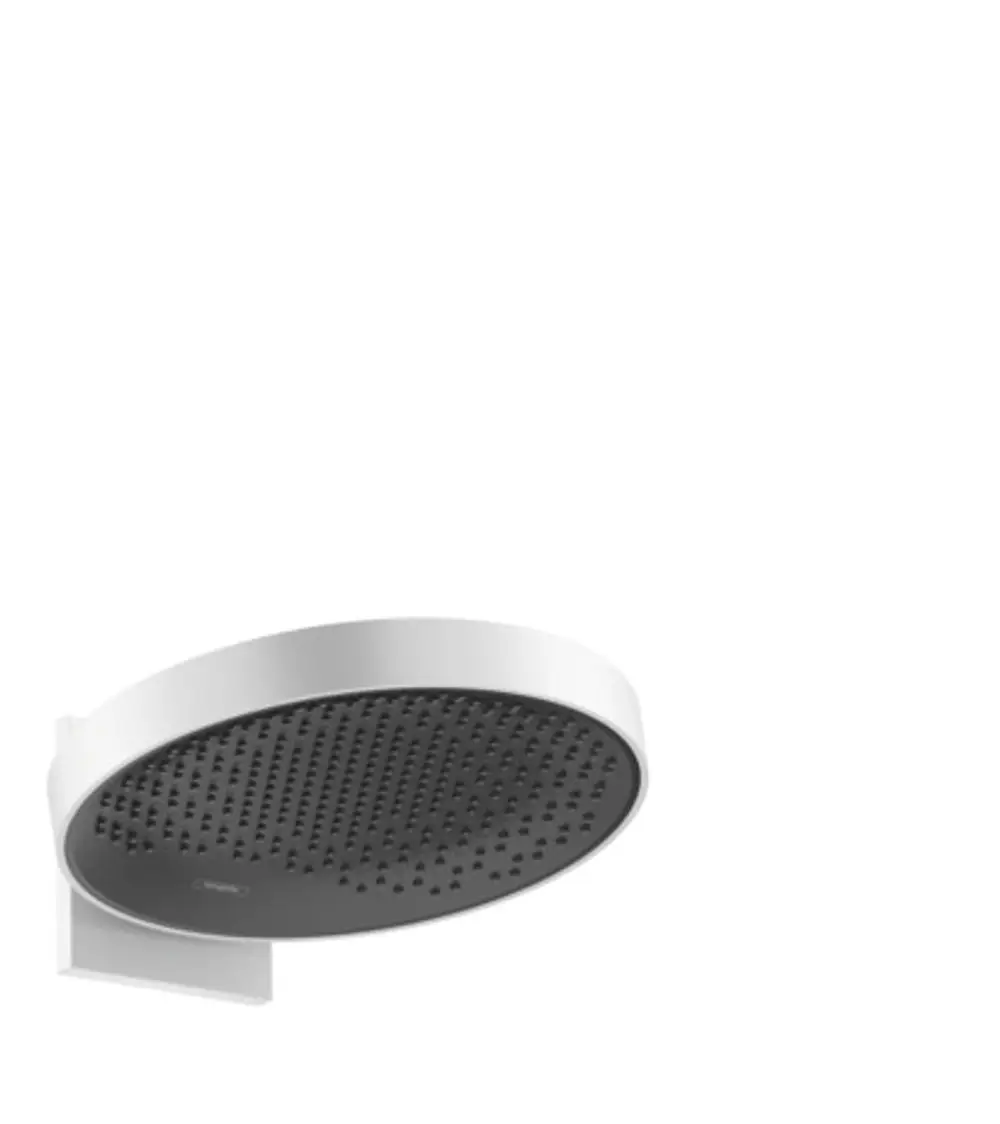 Hansgrohe Kopfbrause mit wandmontiertem Anschluss, runde Form und schwarzer Duschfläche, geeignet für die Installation in Badezimmern.